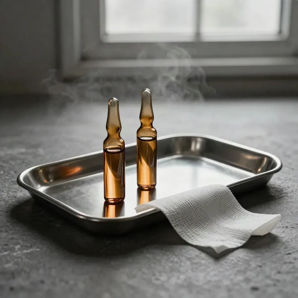 Ampoules ambrées, plateau inox et gaze médicale sur pierre sombre, lumière dramatique.