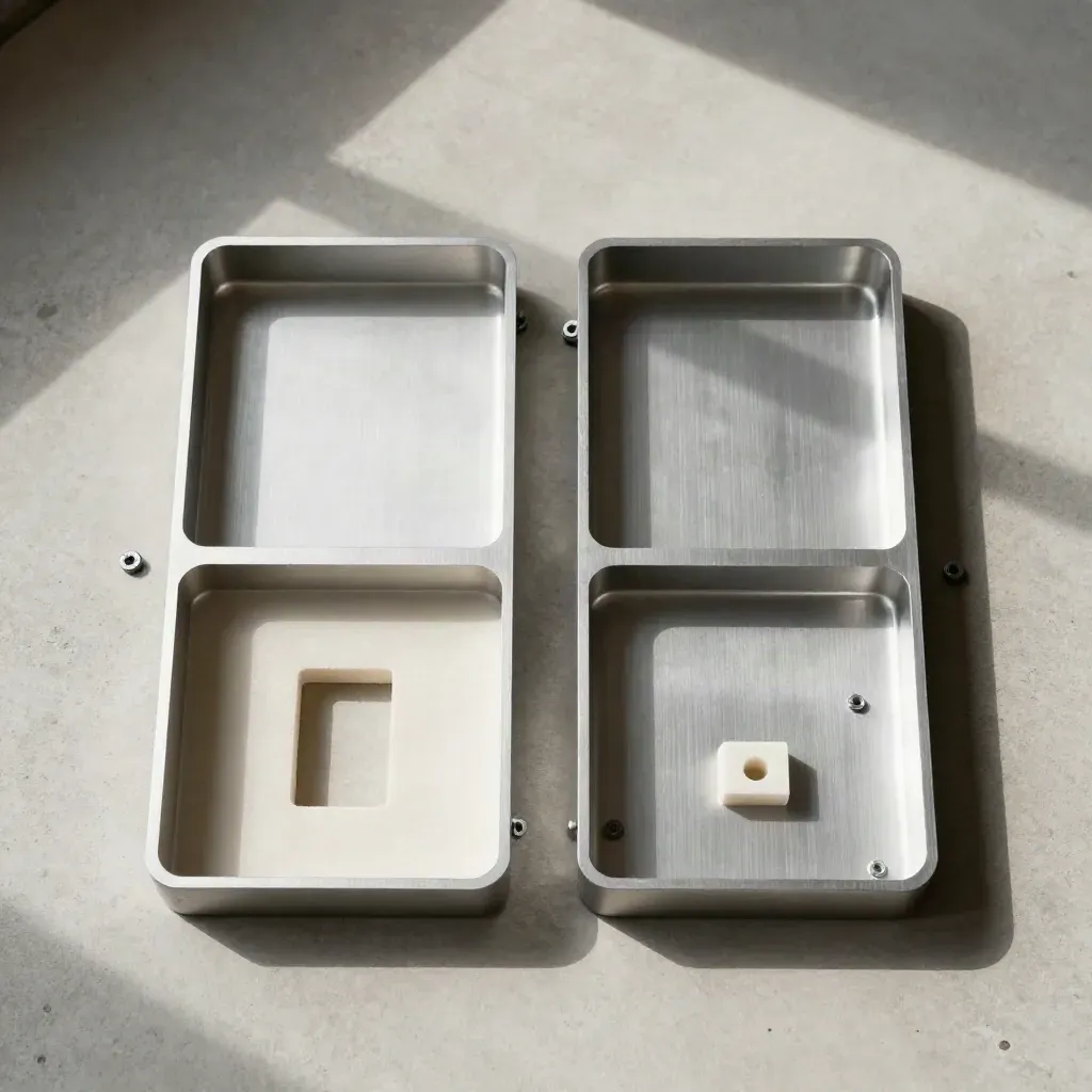Coque prototype en aluminium brossé ouverte avec vis Torx et mousse sur fond pierre clair.