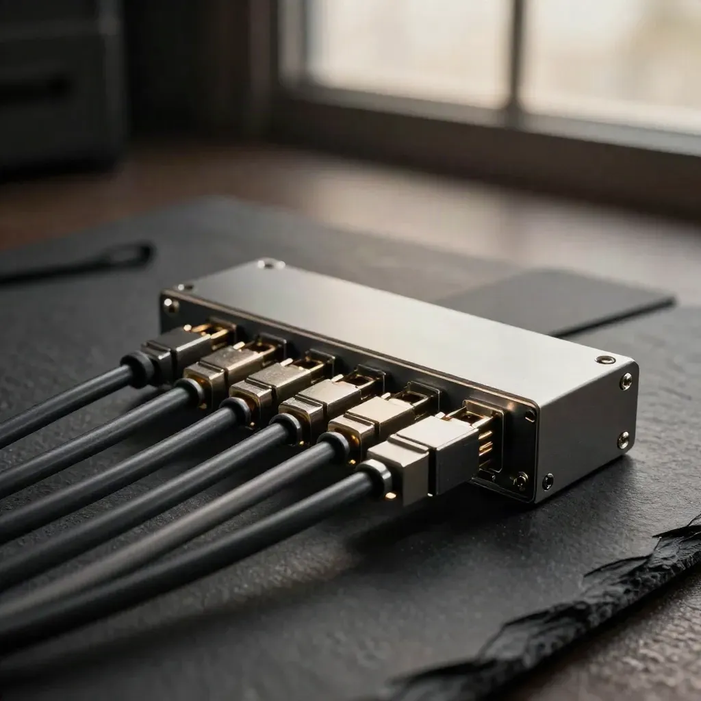 Cordons fibre optique, module serveur compact et manchons métalliques sur ardoise noire.
