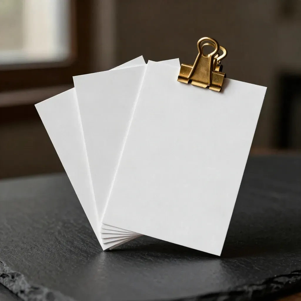 Cartes de maquette blanches, support acrylique nu et clip laiton sur fond sombre.