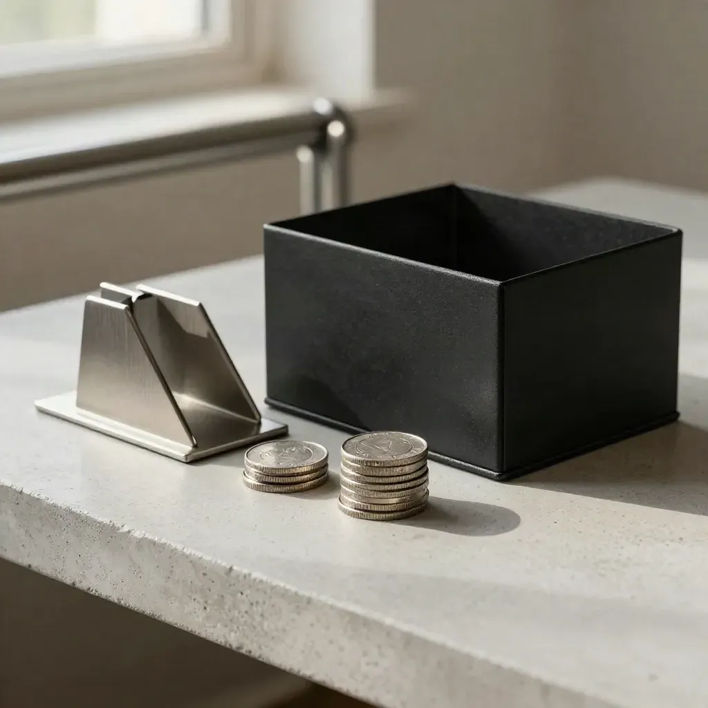 Serre-livres métalliques, coffret noir mat et pièces argentées sur une dalle de béton claire.