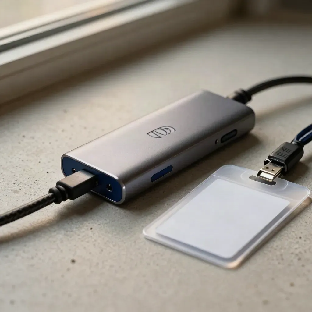 Hub USB-C, câble Ethernet tressé et badge d’accès sur surface pierre, en macro luxueuse.