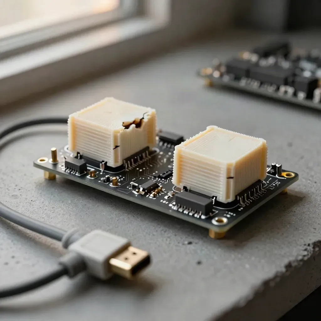 Prototype microcontrôleur entrouvert, coques 3D et câble USB-C sur un plan de travail graphite.