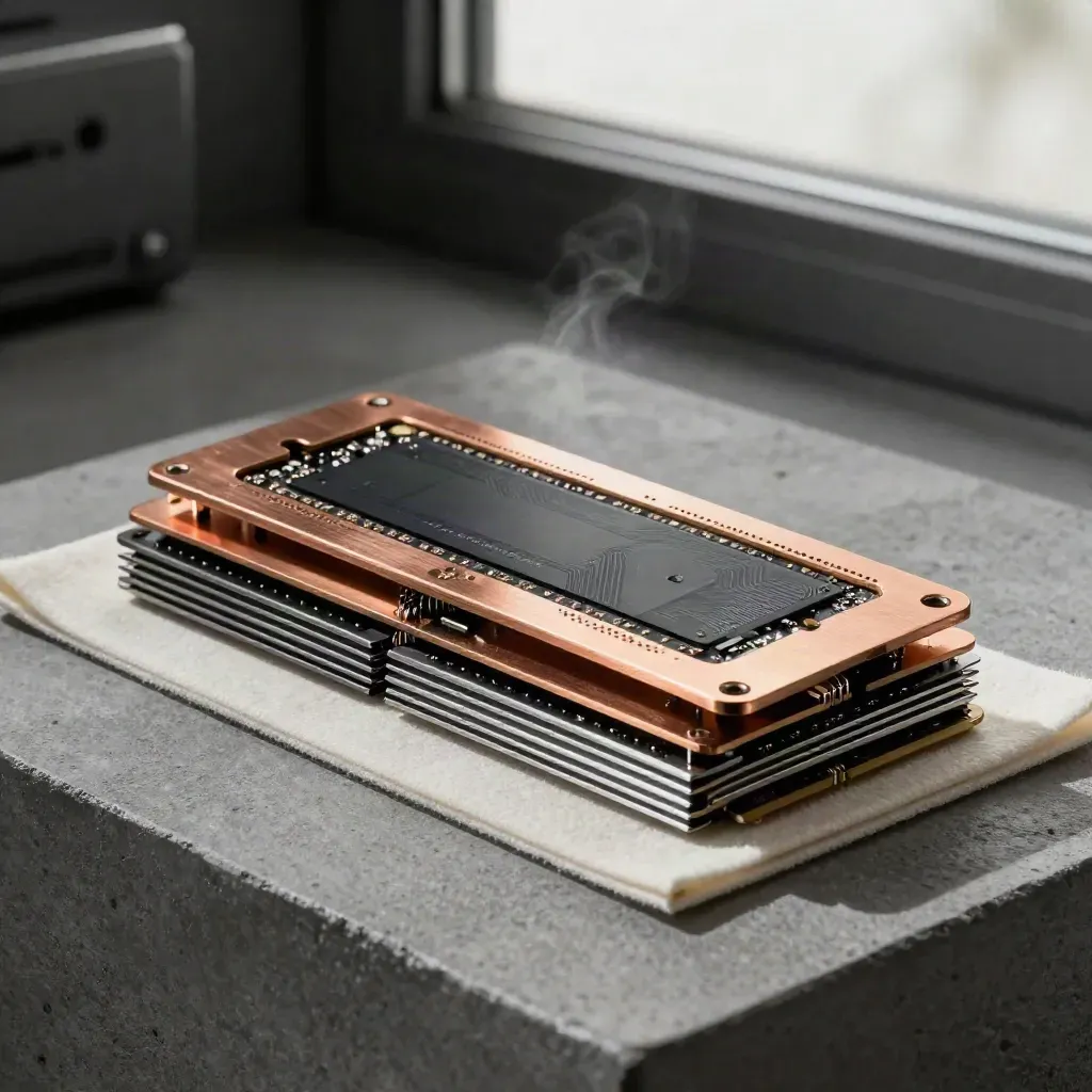SSD M.2, plaque cuivre et dissipateur à ailettes sur dalle graphite, lumière dramatique.