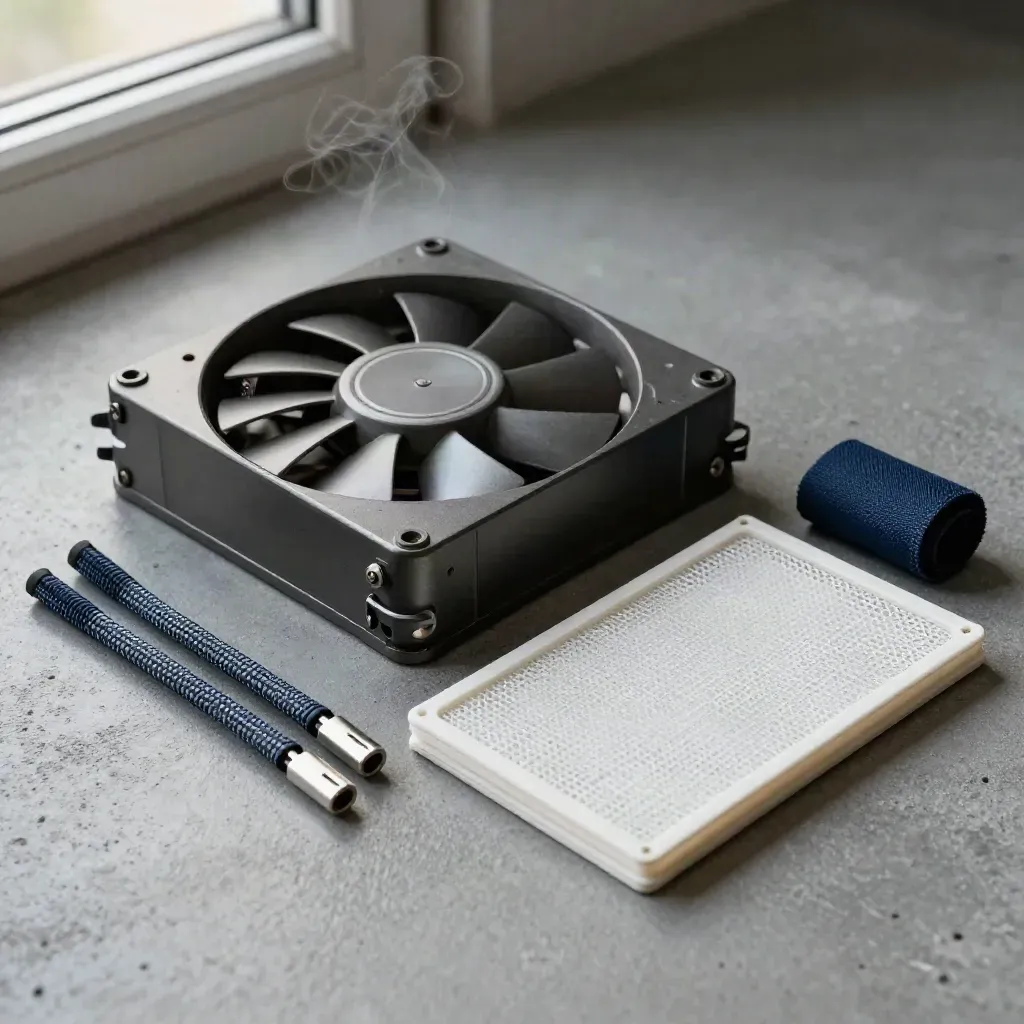 Kit de maintenance mensuelle avec ventilateur, câbles tressés et filtre à poussière sur béton gris.