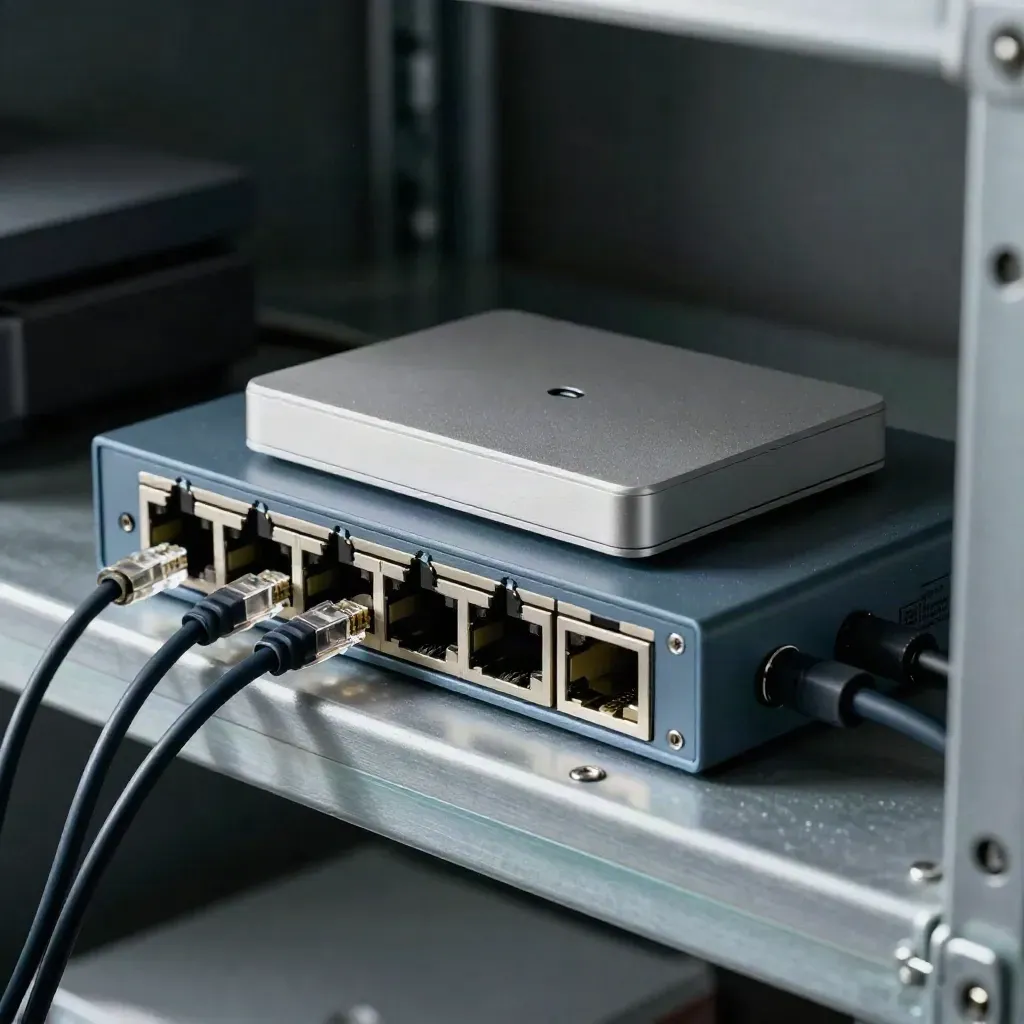 Switch réseau, disque de sauvegarde et point d’accès alignés dans une baie sombre.