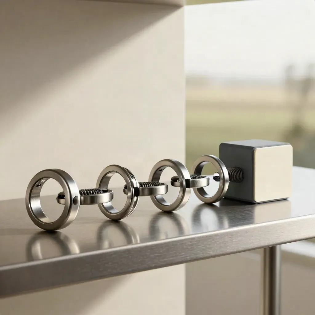 Anneaux d’acier liés, clips et bloc modulaire sur métal brossé, lumière dramatique.