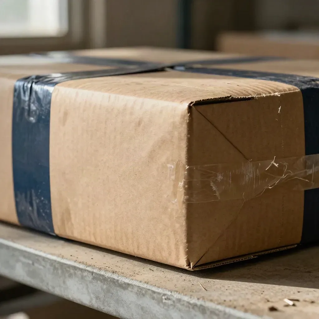 Gros plan sur des colis kraft, un rouleau d’adhésif mat et un carton scellé sur fond flou.