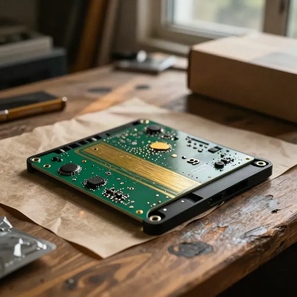 Coque de prototype, carte électronique et boîte kraft dans une lumière dramatique.