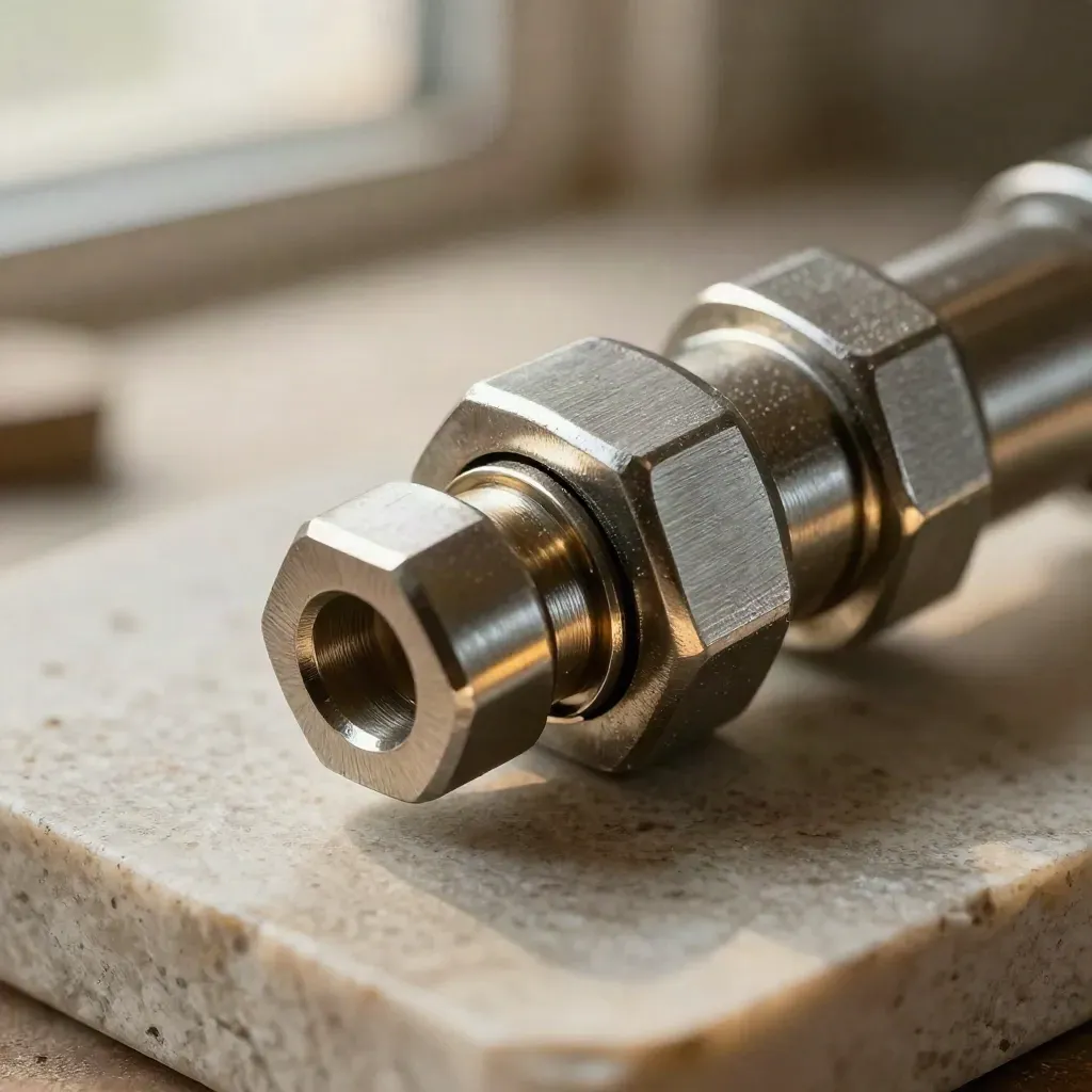 Joints usinés et entretoises hexagonales qui s’emboîtent sur une surface pierre claire.