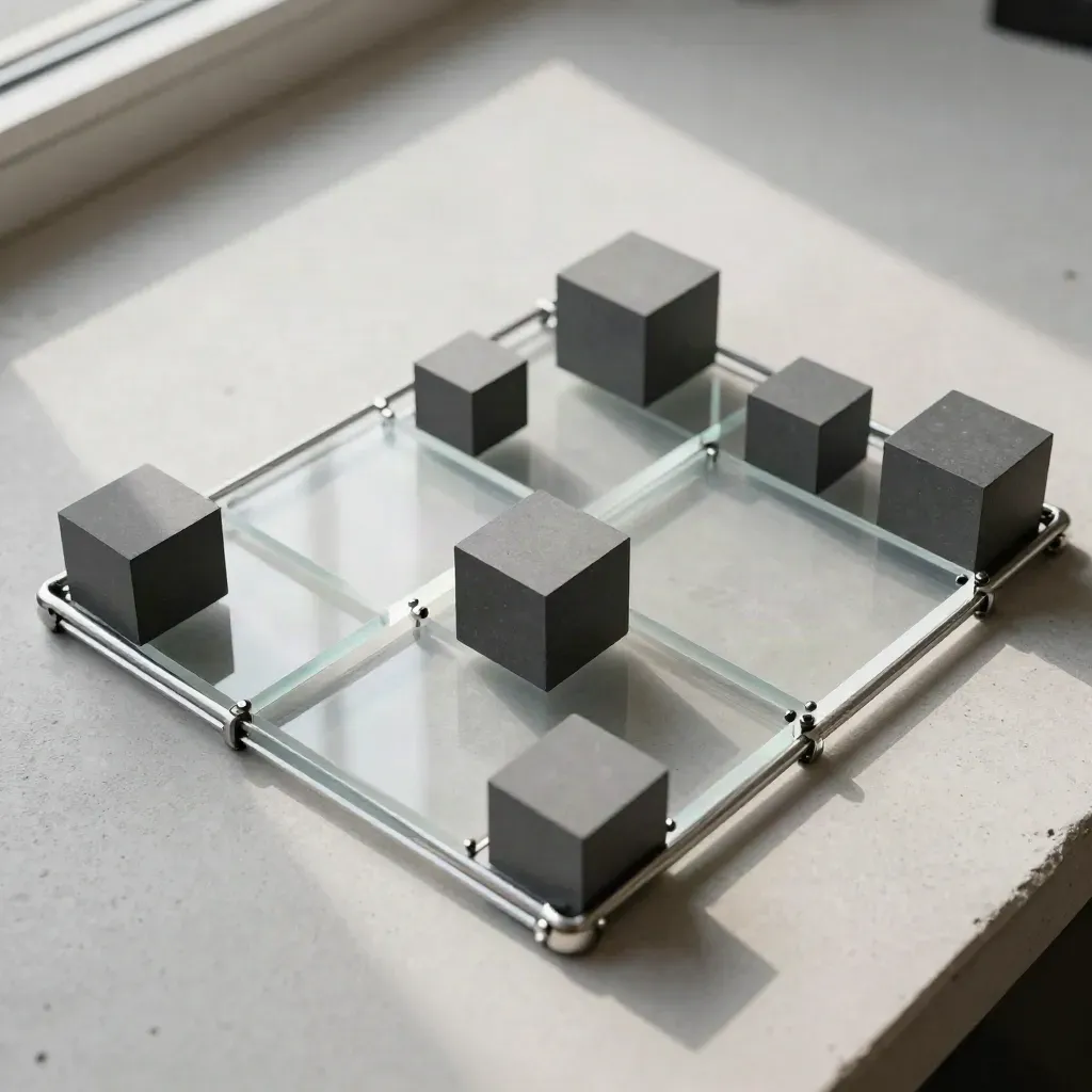 Vue de dessus de tuiles acryliques, cubes mats et cadre modulaire sur dalle claire.