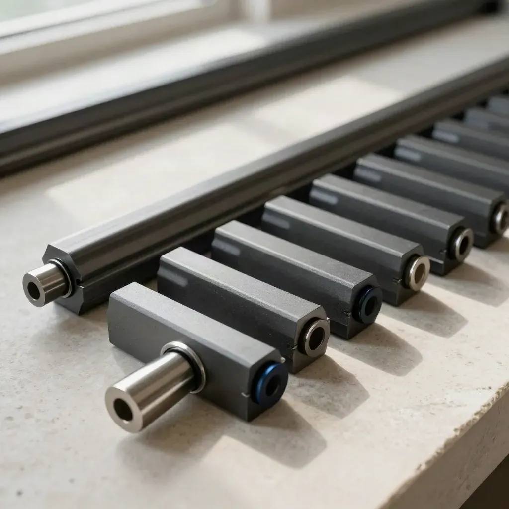 Rails de précision, broches et blocs graphite sur pierre pâle, lumière rasante.