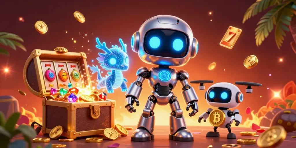 Illustration dynamique de bonus sans dépôt casino avec robot cyberpunk et éléments de jeux.