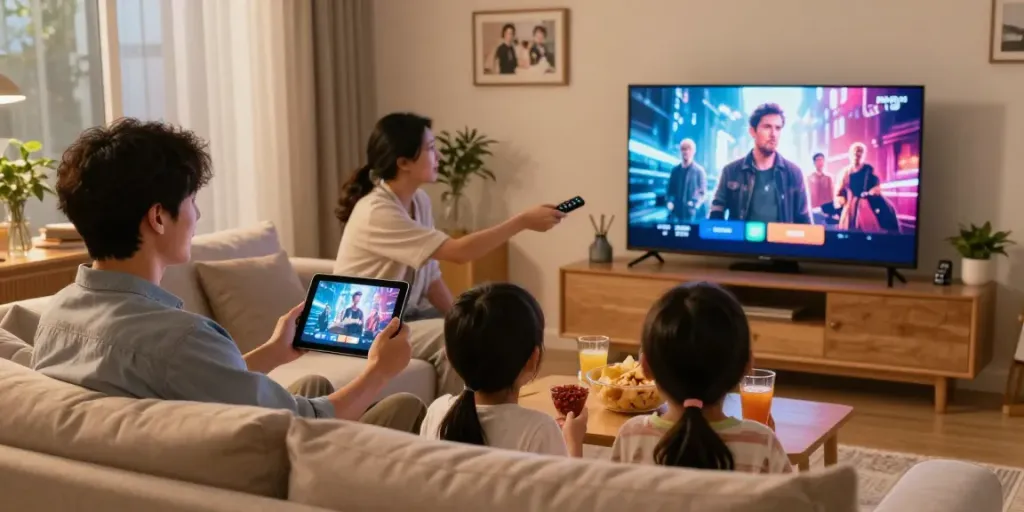 La famille profite de l'Atlas IPTV ensemble dans un salon confortable et accueillant.
